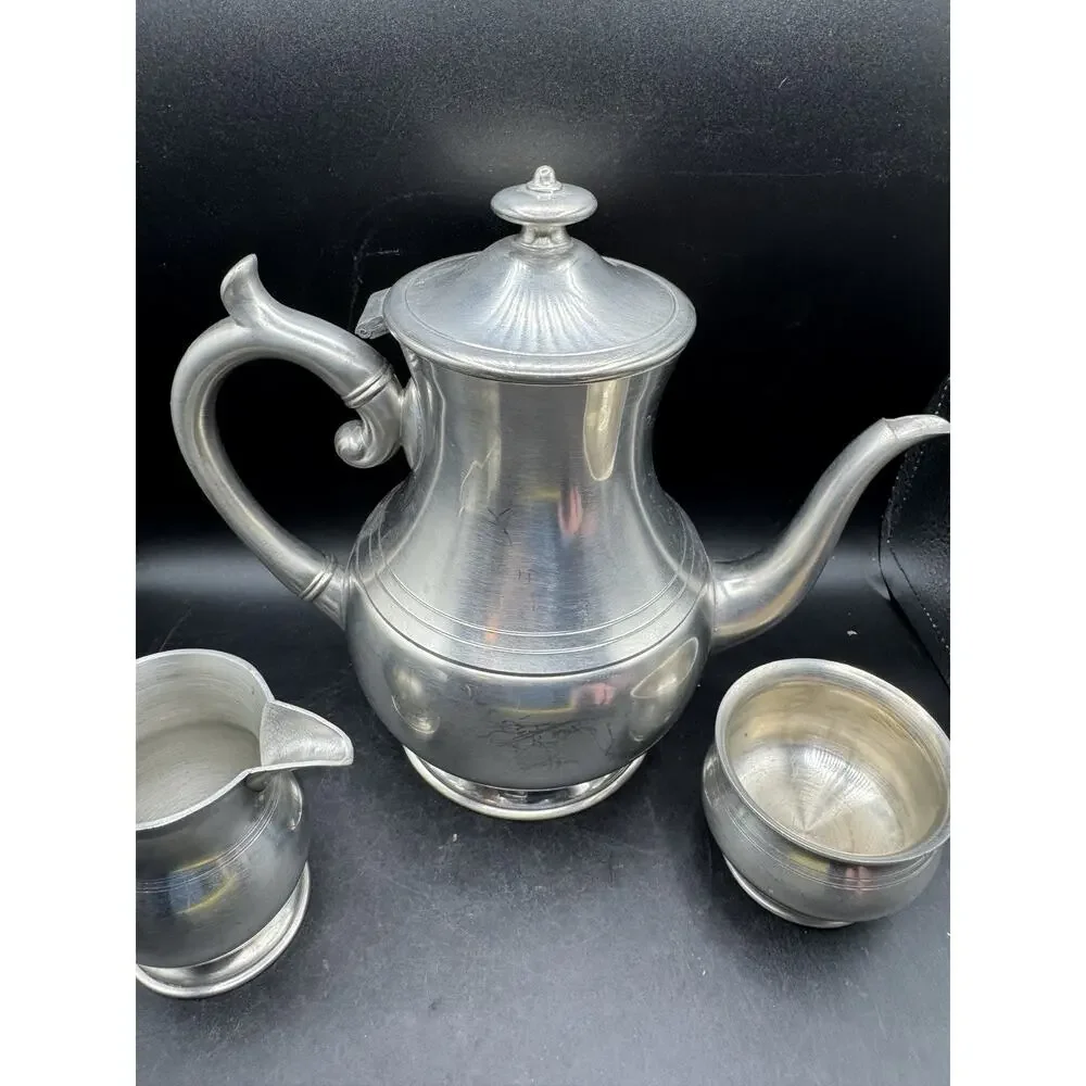 Vintage Woodbury Pewter 3 Piece Teapot Cream and Open Sugar Bowl USA EUC